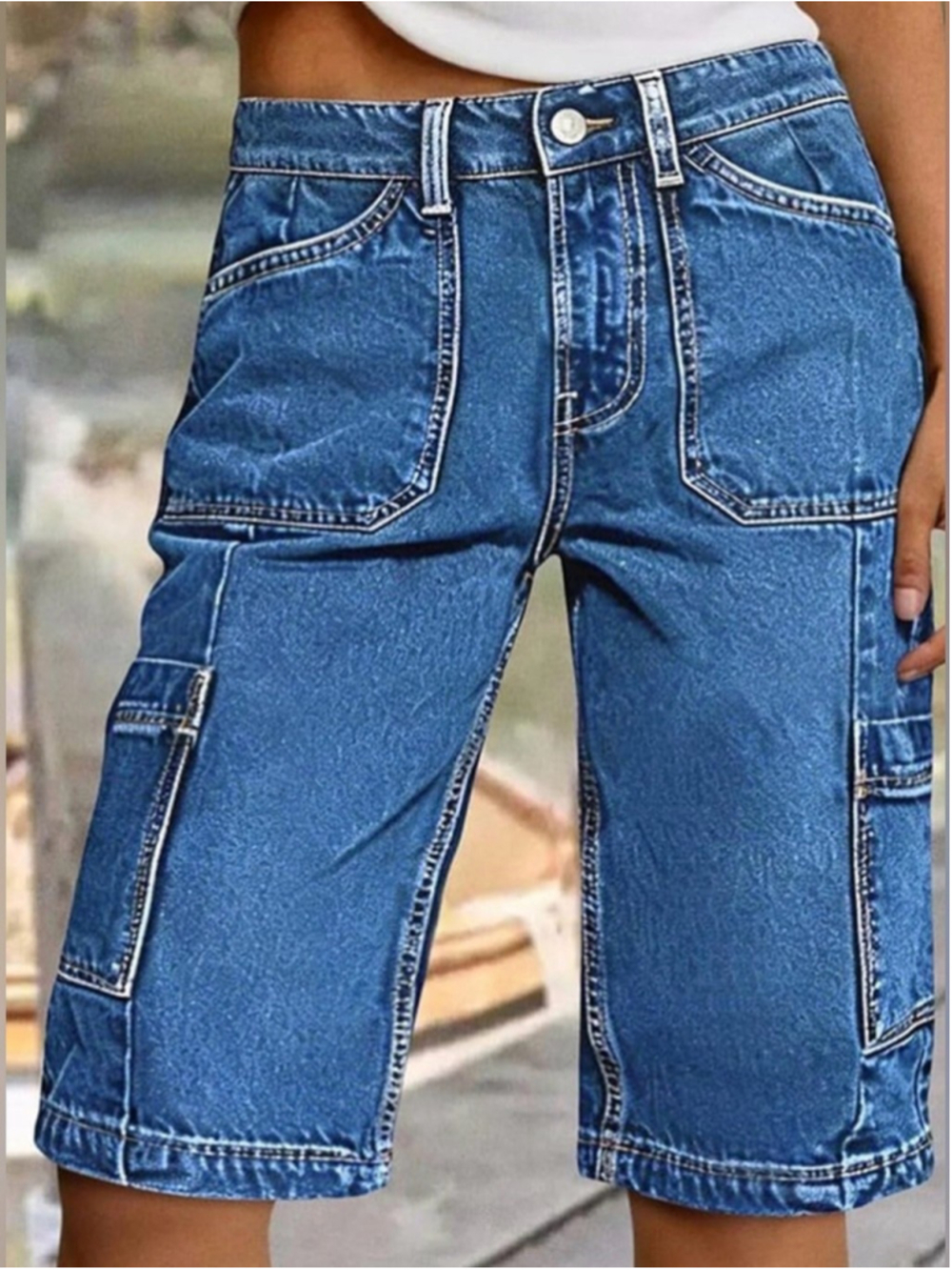 Flamingals Mid Waist Denim Bermuda Shorts Wash Pocket Side Knee Length Cargo - Picture 5 of 8